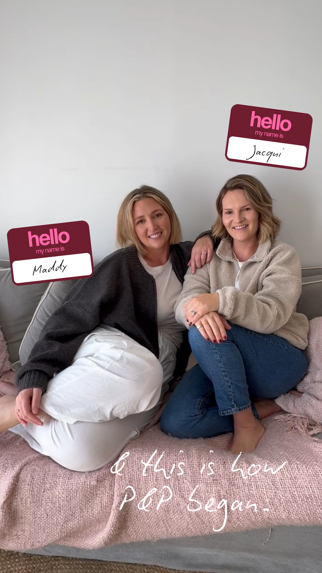Two women sitting on a bed with name tags above their heads, text overlay on a white background.
